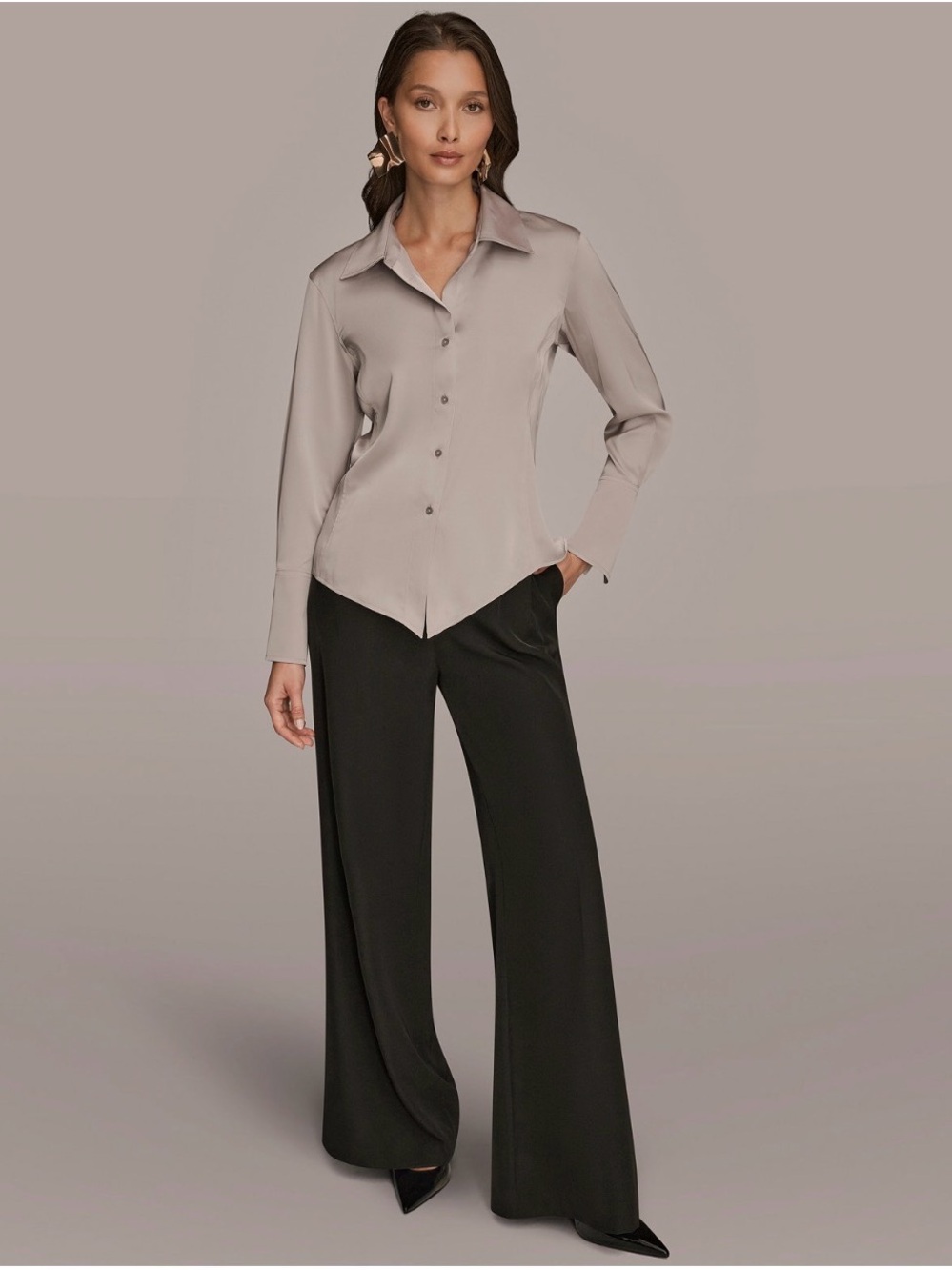 NWT Donna Karan Petite Long-Sleeve Pointy Hem Blouse. PETITE MEDIUM. Vapor. $109